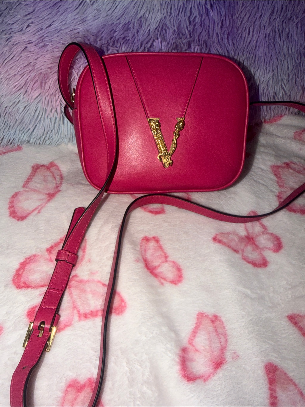 Versace Hot Pink Leather Crossbody With Gold V Emblem